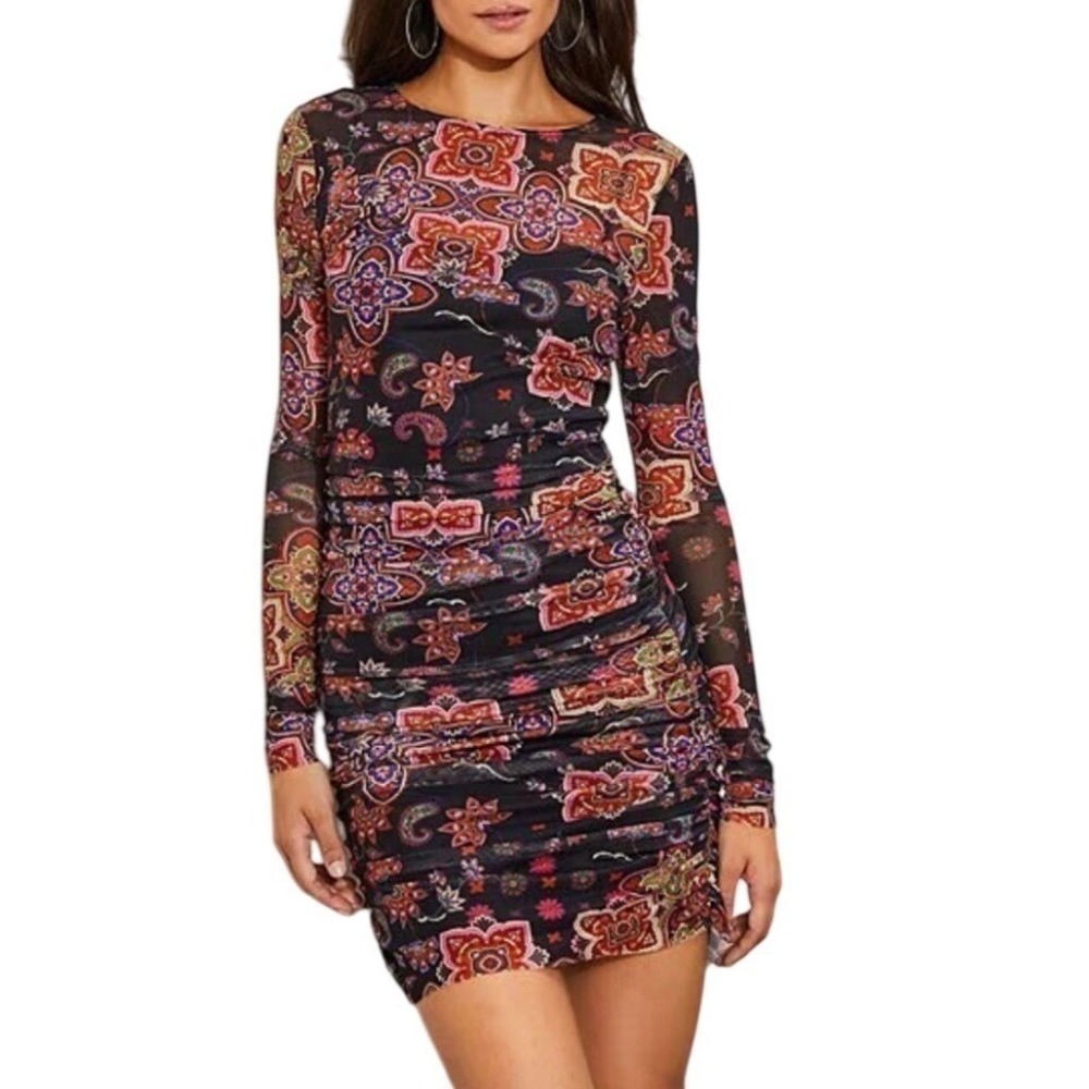 Chelsea & Violet Floral Ruched Bodycon Midi Dress Long Sleeve Black Medium NWT